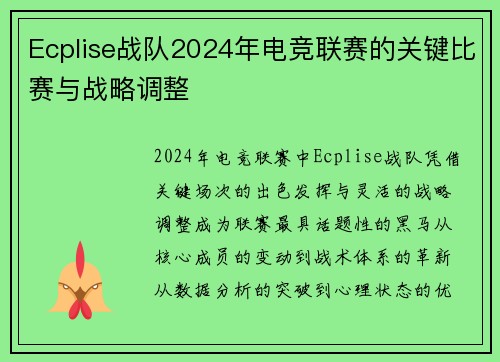Ecplise战队2024年电竞联赛的关键比赛与战略调整